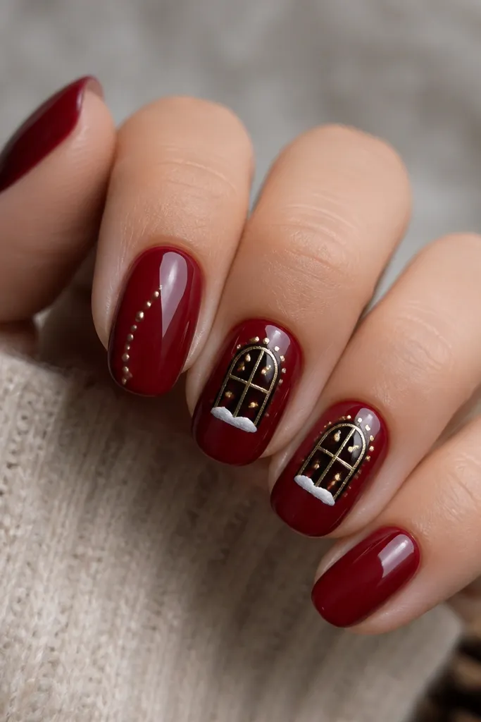 Nails have a glossy deep red base. Two nails show a simple window outline in black and gold with a tiny snowy curve at the bottom. Along the window edges are small gold dots like Christmas lights, and one nail has a single gold dot trail on the side.