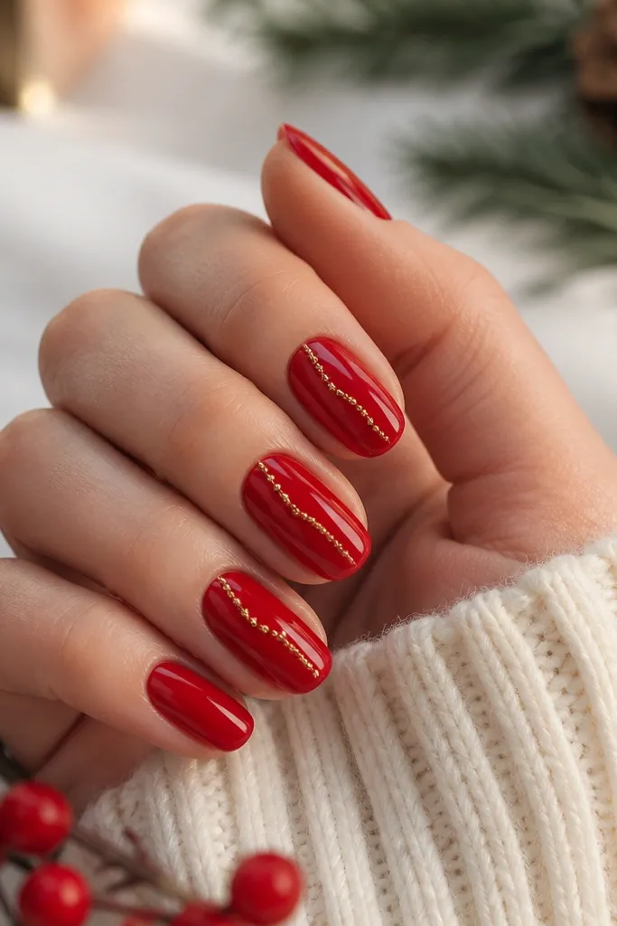 All nails are glossy classic red. On two nails, a side accent runs from near the cuticle to the mid-nail: tiny gold dots connected by a thin clear line. The accent looks slightly raised and glossy, like a strand of Christmas lights.