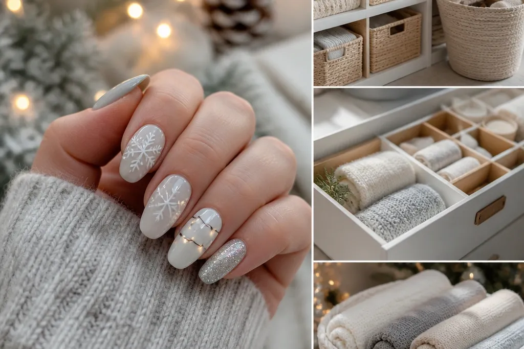 Winter christmas nails with lights and tidy storage ideas