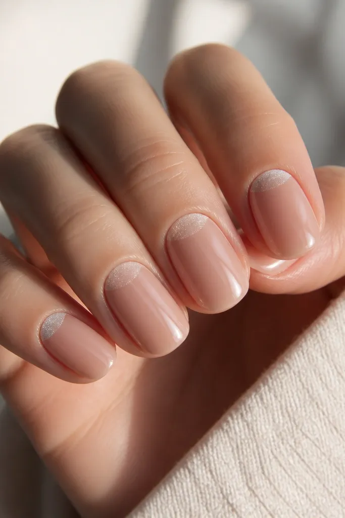 Short oval nails with a sheer pink-nude base. The half-moon near the cuticle is frosted white with a fine shimmer, and the rest of the nail is glossy and clean.