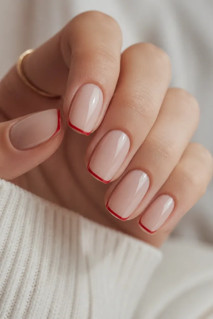 Medium squoval nails with a sheer nude base. Thin, crisp classic red lines form a micro-French tip, and the rest of the nail is glossy and minimal.