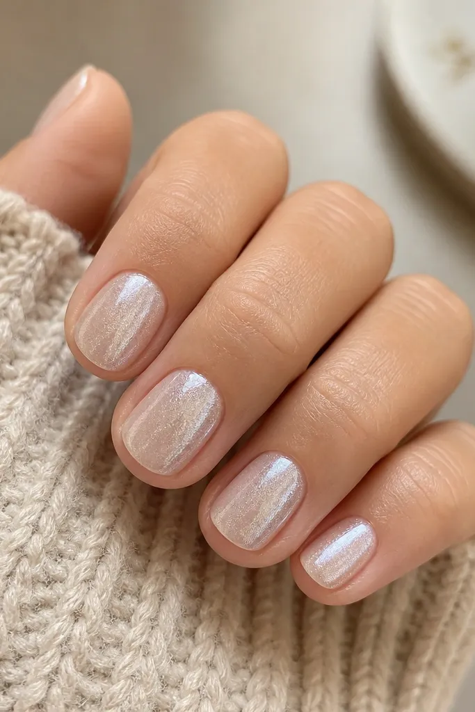 Short round nails with a nude base. Over the top, there's a sheer silver glaze that looks like frost, with a glossy finish and no heavy glitter chunks.