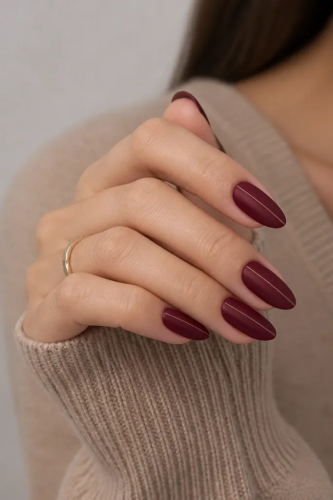Medium almond nails painted deep berry. The finish is matte and velvety, with a single thin glossy vertical stripe down the center on each nail.