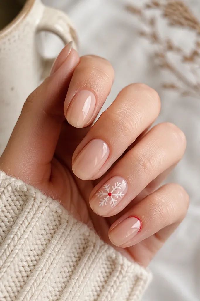 Nails with a sheer nude base. On the ring finger, there is a small white snowflake with a tiny red dot in the center; other nails are plain glossy nude or have a faint red half-moon.