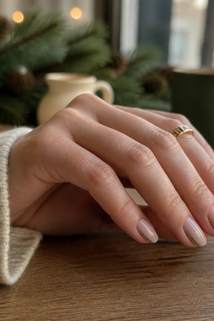 Almond nails in sheer nude. Along one sidewall of each nail is a narrow line of emerald green micro-glitter, leaving the center clear and glossy.