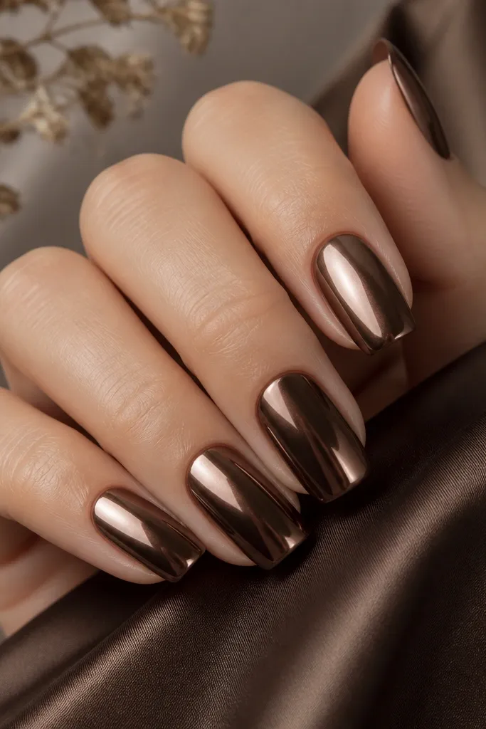 Squoval nails painted deep chocolate brown. A cocoa-brown chrome powder is buffed over the top, creating a metallic sheen with a smooth mirror-like finish.