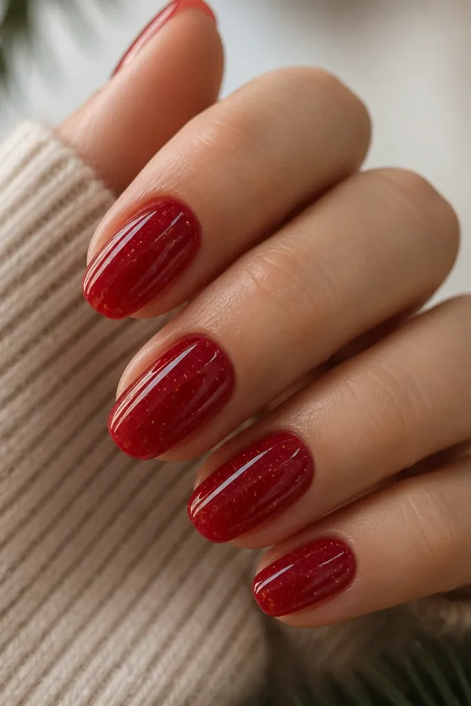 Medium nails painted a sheer red jelly. Fine gold specks are scattered like tiny ornament glitter, and the finish is glossy and glassy.