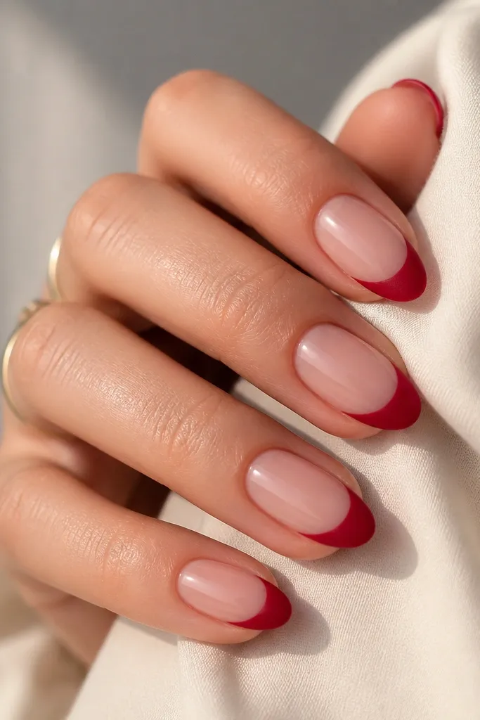 Nails with a nude base and a red French tip. The French tip is matte red, while the nude base stays glossy, creating a two-finish contrast.