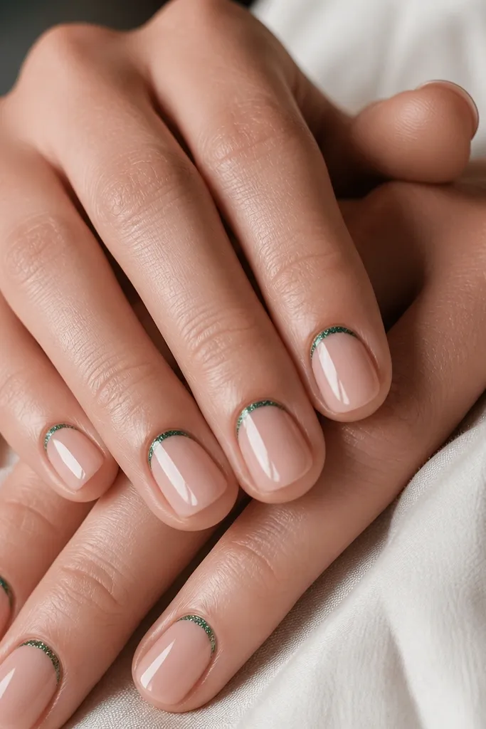 Short nails with a sheer nude base. A thin band of evergreen micro-glitter sits right at the cuticle, like a glow, and the rest is glossy and simple.