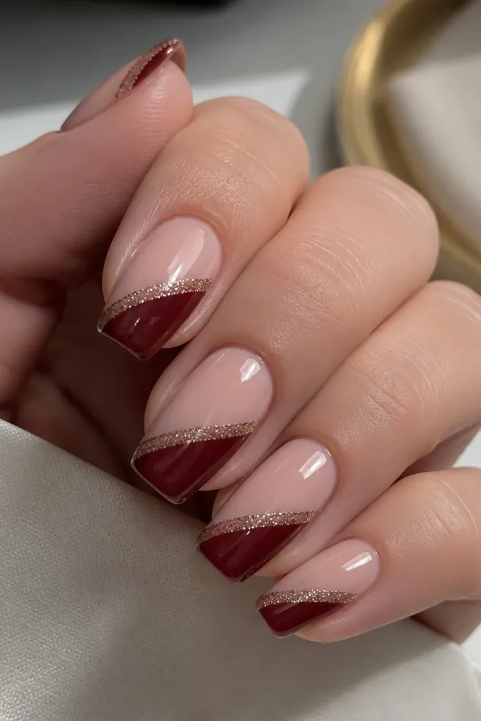Medium squoval nails with a sheer nude base. A diagonal burgundy panel runs from one side near the cuticle to the opposite side near the tip, with a glitter edge on the panel.