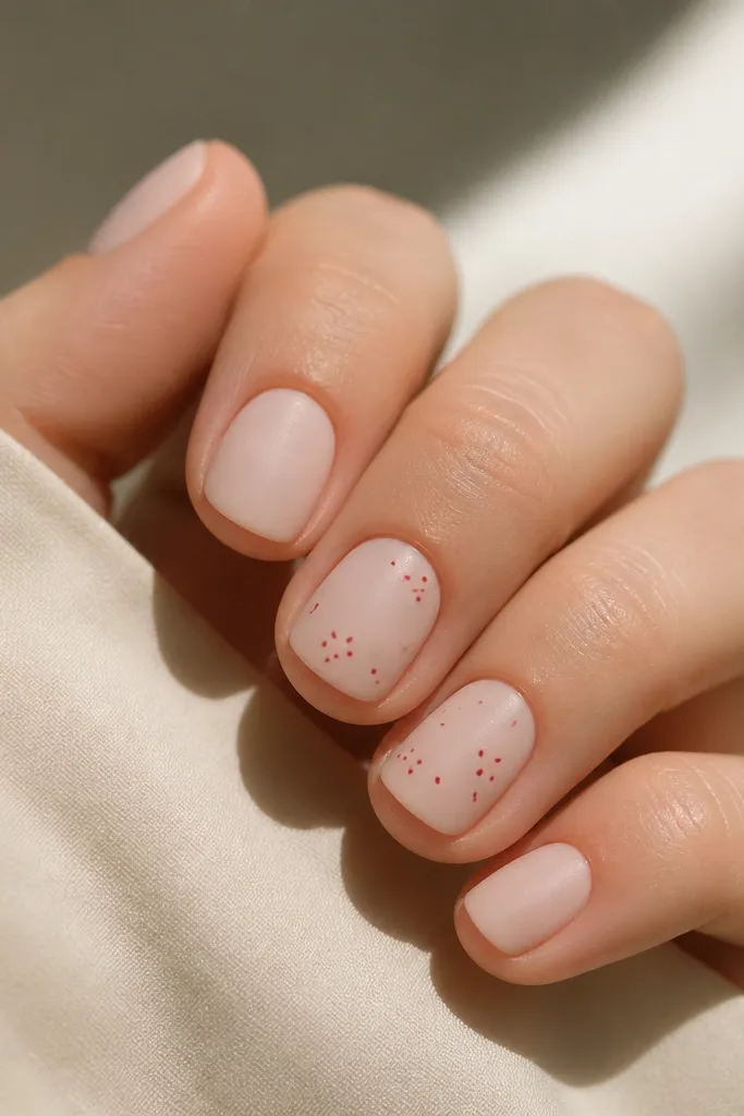 Short square nails with a matte milky nude base. On two nails, there are tiny red dot clusters spaced like stars, with no other decoration.