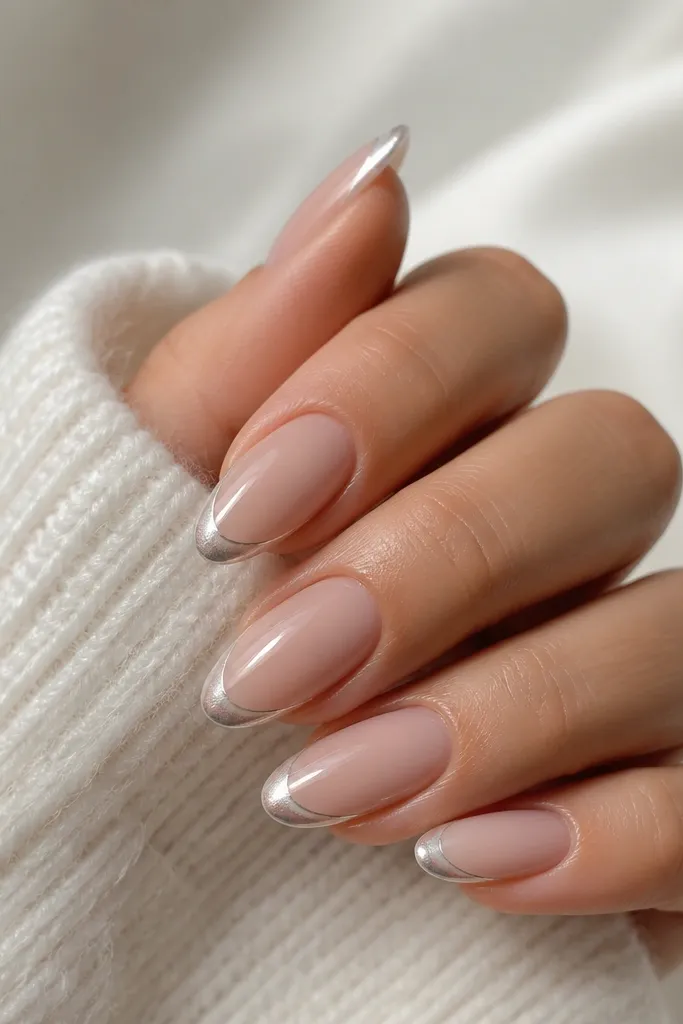 Almond nails with a nude base. At the very tip there is a thin silver line, with a slightly thicker white-silver "snow cap" shape under it.