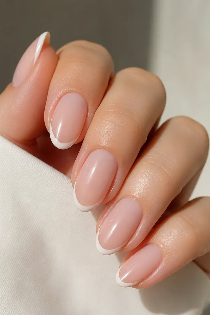 Short-to-medium almond nails in a sheer milky blush pink. The French tip is clean and narrow, with a single thin white stripe running along the edge, leaving a small clear gap between stripe and nail base. Glossy finish, no other art.