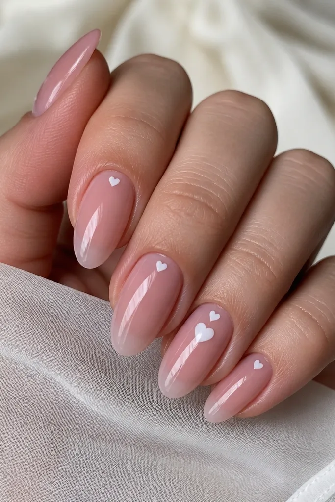 Glossy sheer pink almond nails. Near each cuticle, there are tiny white micro hearts spaced about a heart-width apart, with one heart on the accent nail slightly larger. Background is translucent, no solid pink blocks.