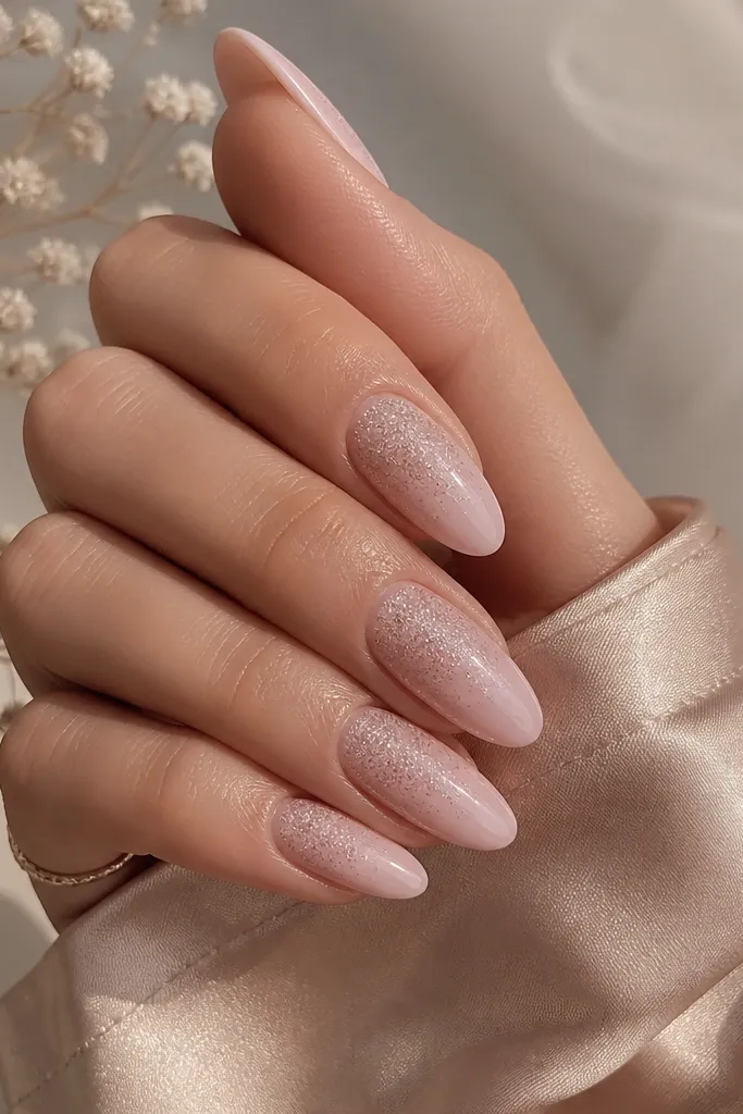 Glassy light pink almond nails with a soft glitter gradient. The base is plain blush pink, then glitter thickens around the upper half and fades toward the cuticle. Glitter is fine and champagne-neutral, not sparkly chunky.