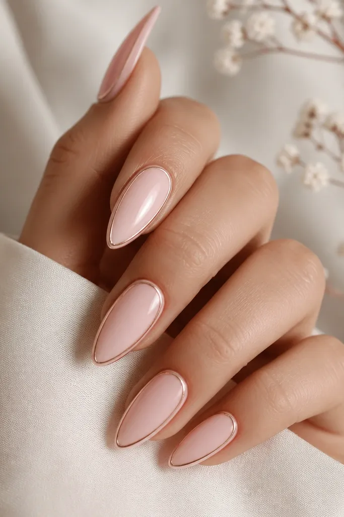 Glossy baby pink almond nails. Each nail has a thin rose-gold outline that traces the natural nail edge on both sides, leaving the center plain. The outline starts near the mid-nail and follows toward the tip.