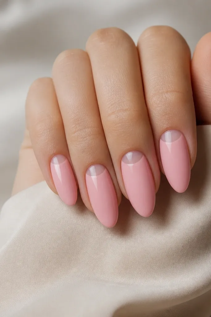 Glossy soft pink almond nails with a clean half-moon cutout near the cuticle. The base color covers the rest of the nail but stops in a crescent shape, leaving clear nail plate at the top curve. No other decorations.