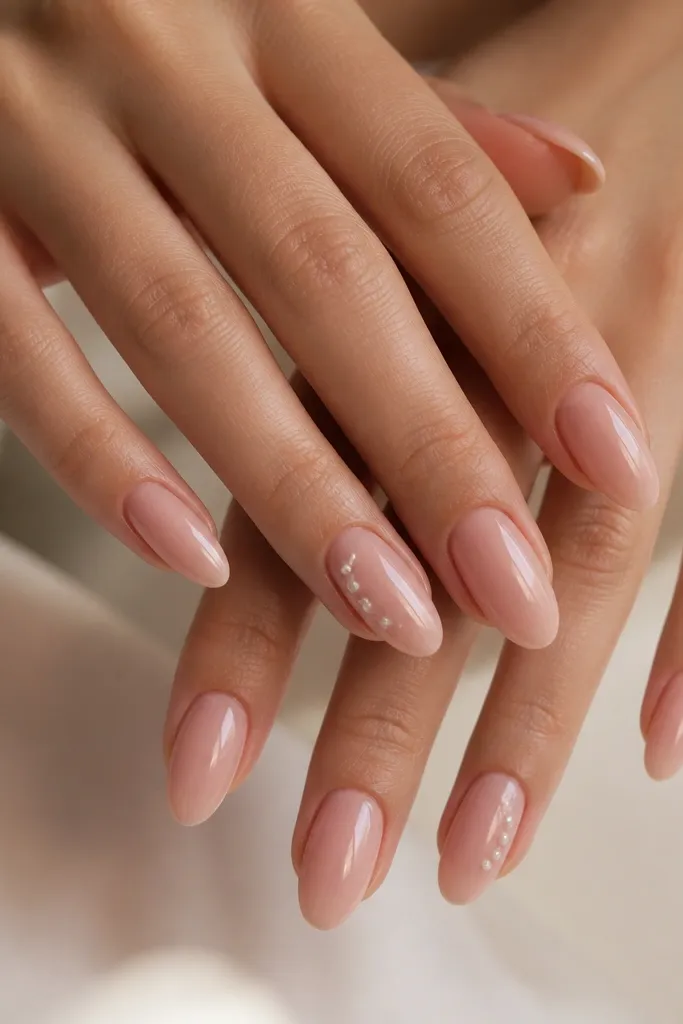 Glossy blush pink almond nails. On two accent nails, tiny pearl-like dots sit along the outer sidewall near the mid-to-lower nail, with one dot closer to the tip. Background is smooth, no glitter.