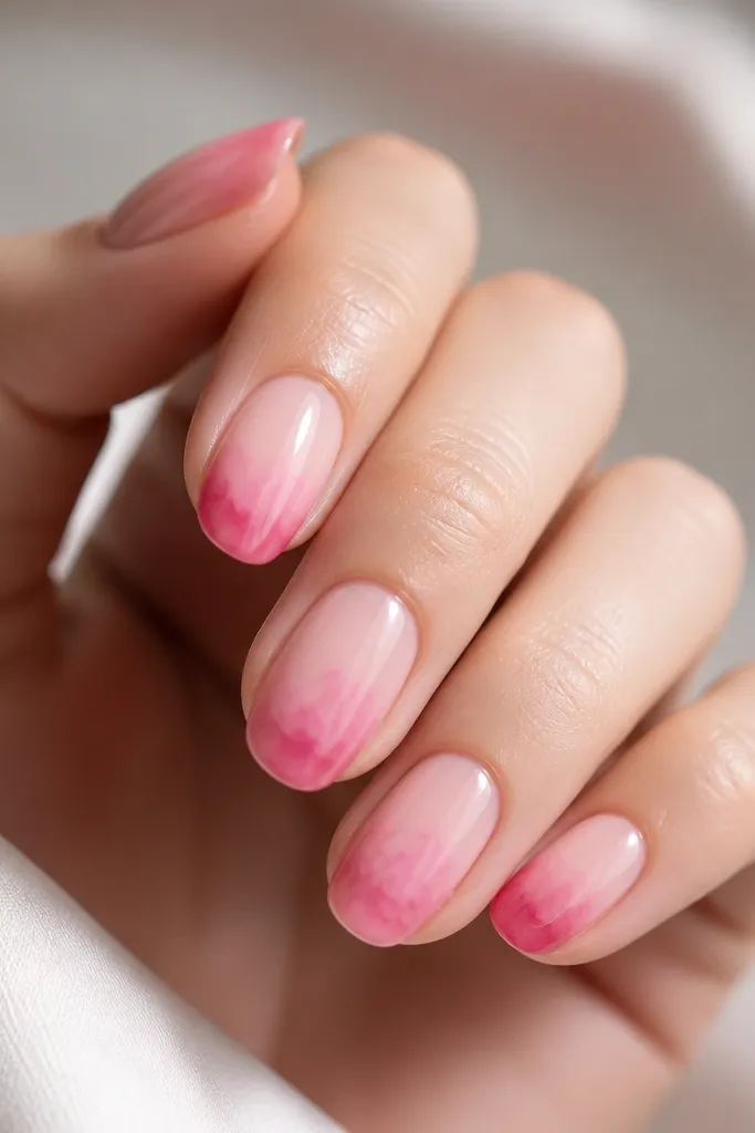 Glossy rose milk base. The tips fade into a watercolor effect using slightly deeper pink that looks brushed and airy, with soft edges and irregular blotches confined to the free edge area. No lines, just pigment haze.