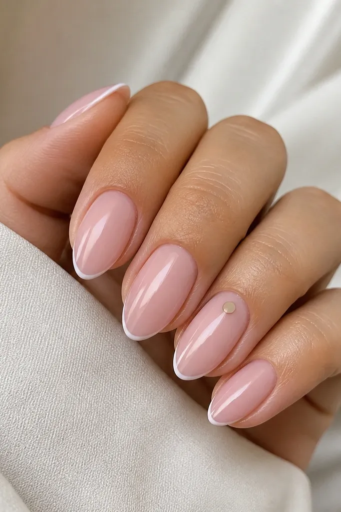 Glossy pale pink almond nails. Each nail has a micro French tip in white so thin it looks like a line. On one accent nail, there's a single nude-beige dot near the cuticle, and the rest are plain micro French.