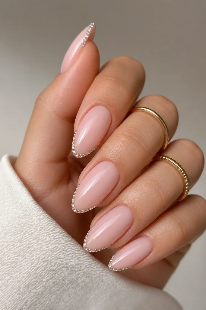 Glassy light pink almond nails with a thin line of tiny crystals set along the very edge of the tip. The crystals look like clear rhinestones, spaced evenly, with the rest of the nail plain pink.