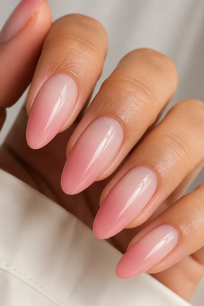 Glossy light pink almond nails with a true ombre gradient. The cuticle area is nearly clear and milky, then the pink gradually deepens toward the tip. The gradient is smooth with no hard line.