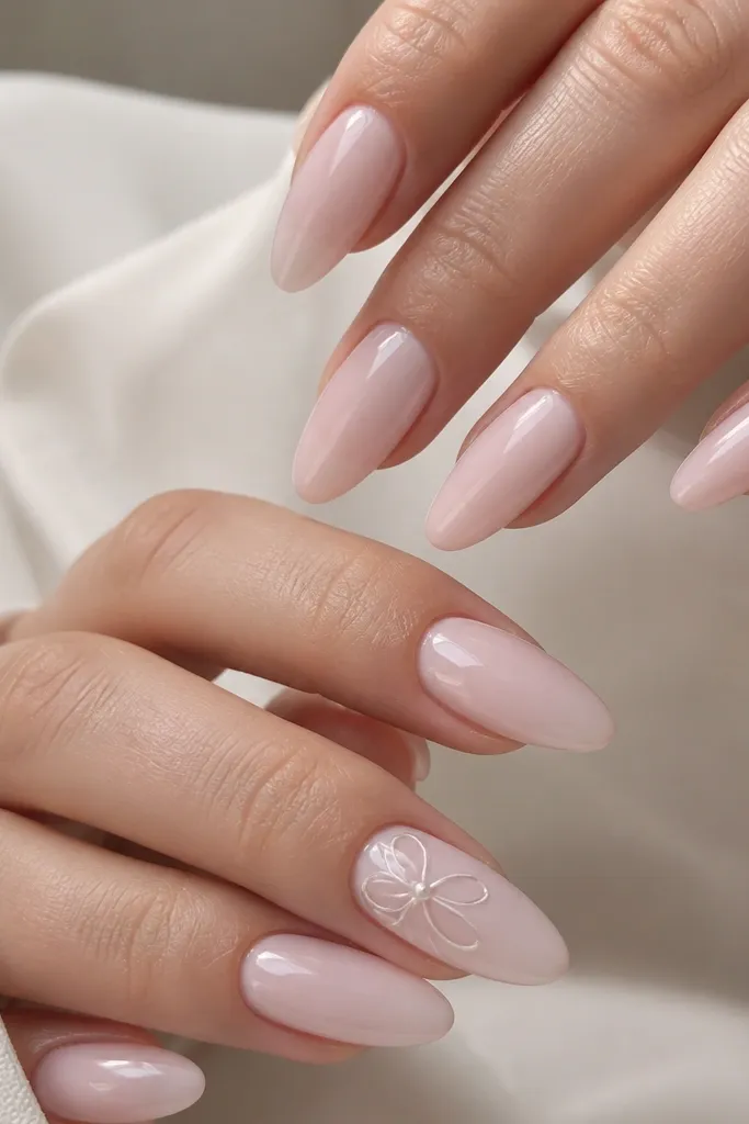 Milky pink glossy almond nails. One accent nail has a small bow made from a thin white gel outline near the side of the nail, with two tiny pearl dots as the "center" of the bow. Other nails stay plain milky pink.