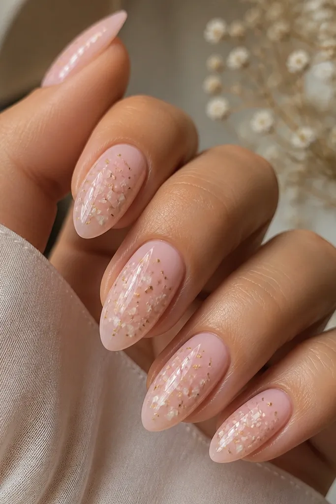 Glossy light pink almond nails with a clear overlay showing tiny dried-flower confetti pieces. The flowers look like small pale petals mixed with micro gold dots, mostly centered and suspended in clear gel. Base underlay is a soft blush pink.
