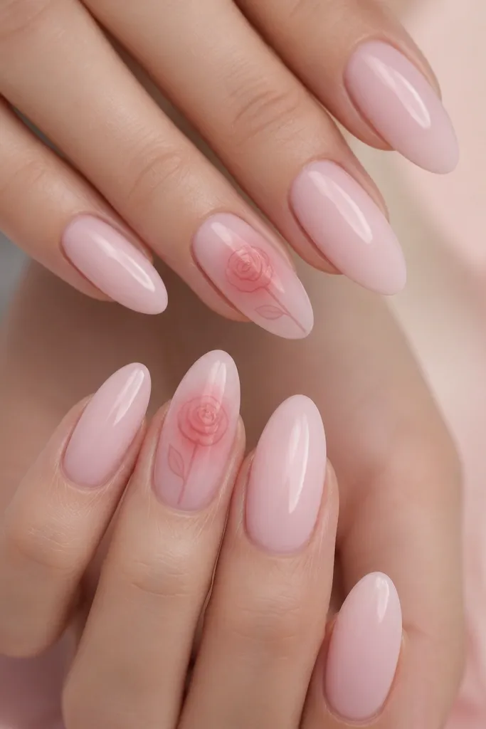 Glossy light pink almond nails with a blurred rose-line drawing. The background is sheer blush with a soft pink haze near the center, and thin rose-colored line art forms a loose outline flower on two accent nails. Other nails are plain glossy pink.